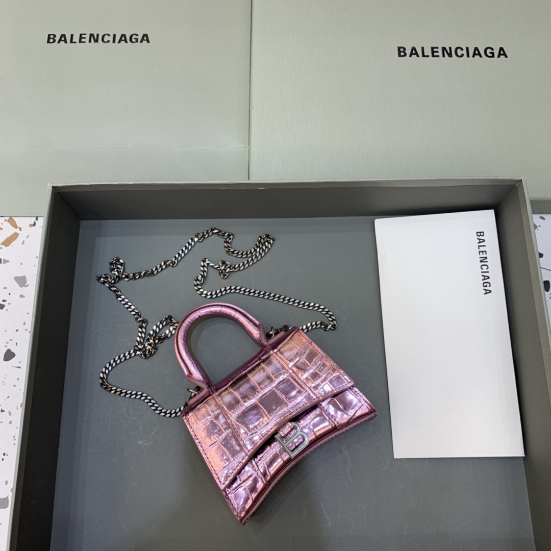 Balenciaga Hourglass Mini Handbag With Chain Crocodile Embossed Shoulder Bag Purple